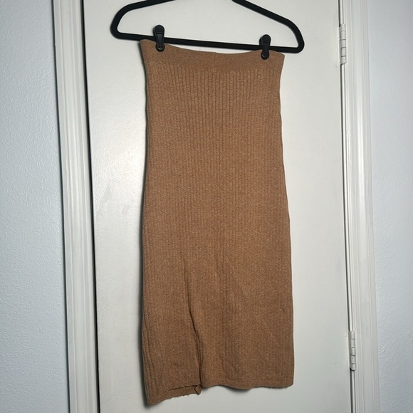 Free People Skyline Rib Midi Skirt Size Small Camel Front Slit - Picture 5 of 7